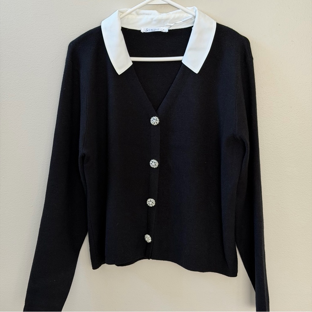 Sioni Milano Black Cardigan with Jeweled Pearl Buttons, White Collar, Sz XL